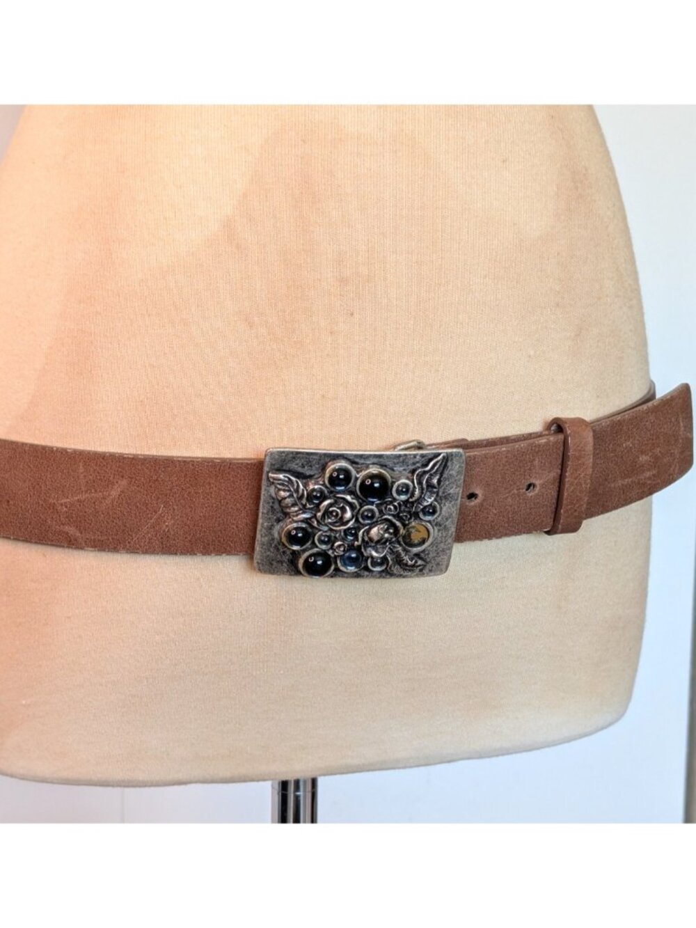 Vintage Streets Ahead Leather USA Made Belt w/ Silver-Tone Floral Gem Buckle XL
